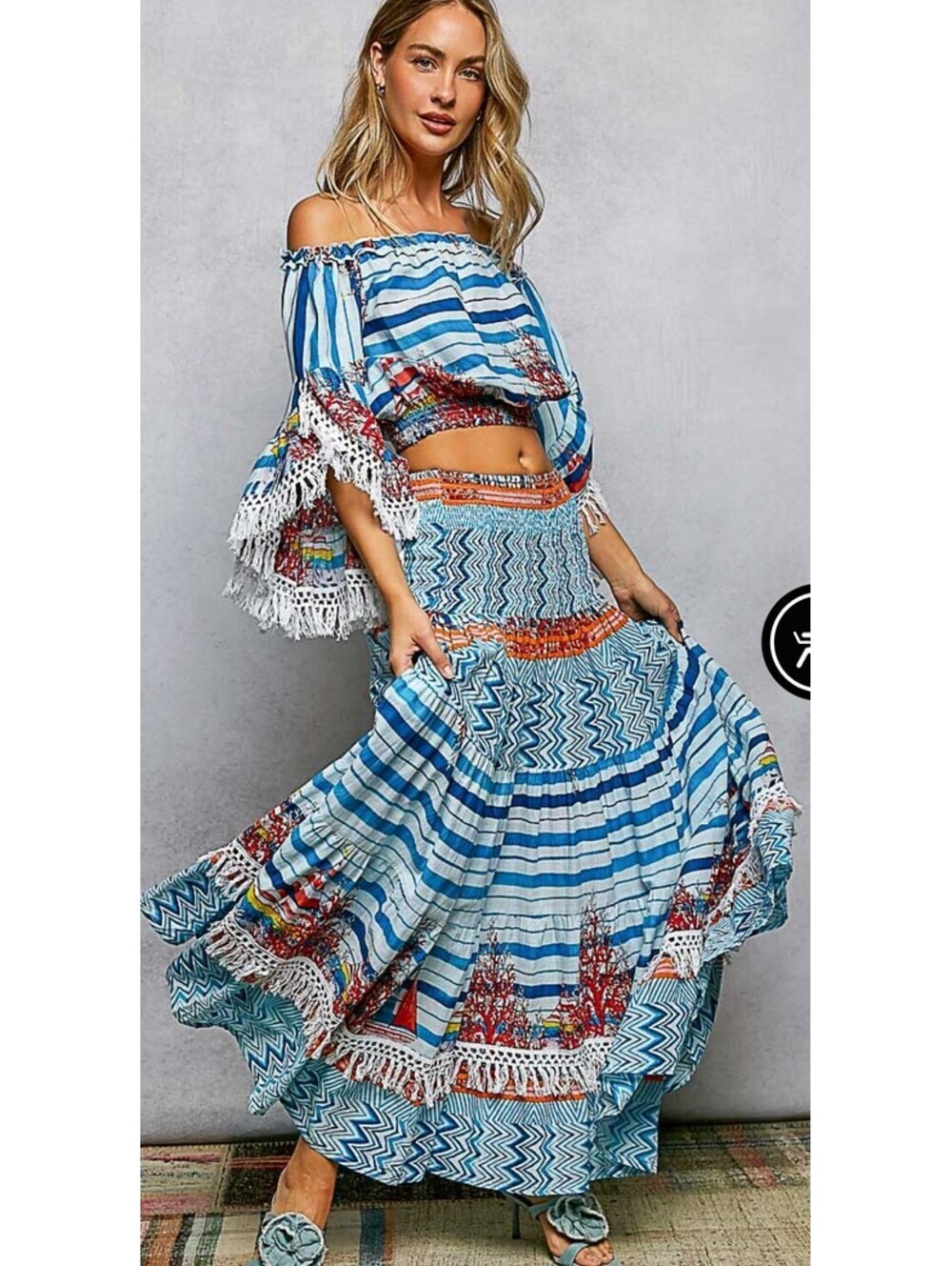 POL  Aztec Print Cotton Maxi Skirt & Fringe Off Shoulder Top Set Sailboat LARGE